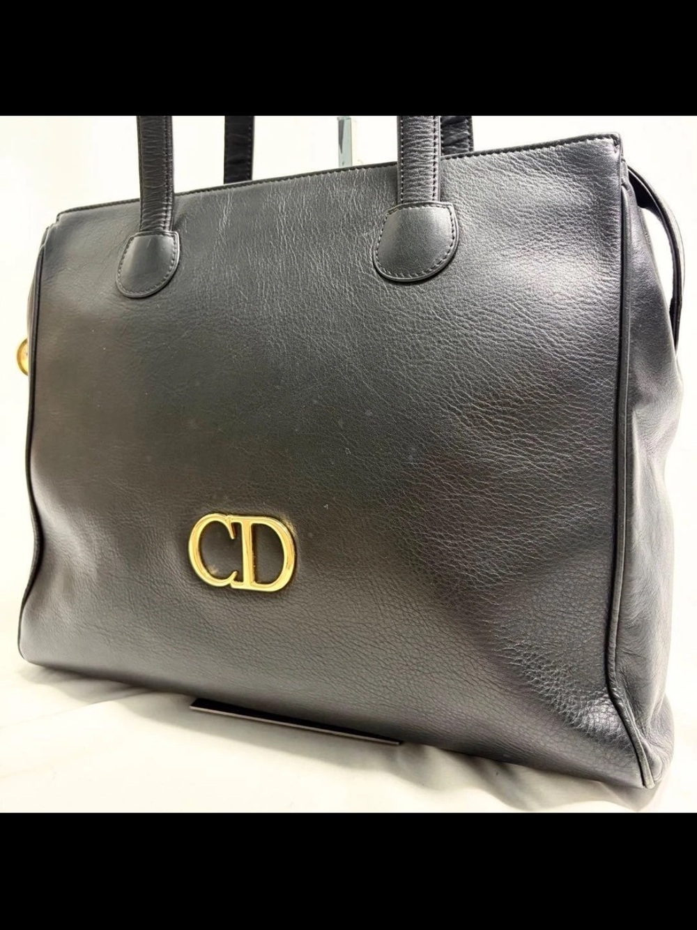 Dior Black Leather Tote with Gold CD Logo